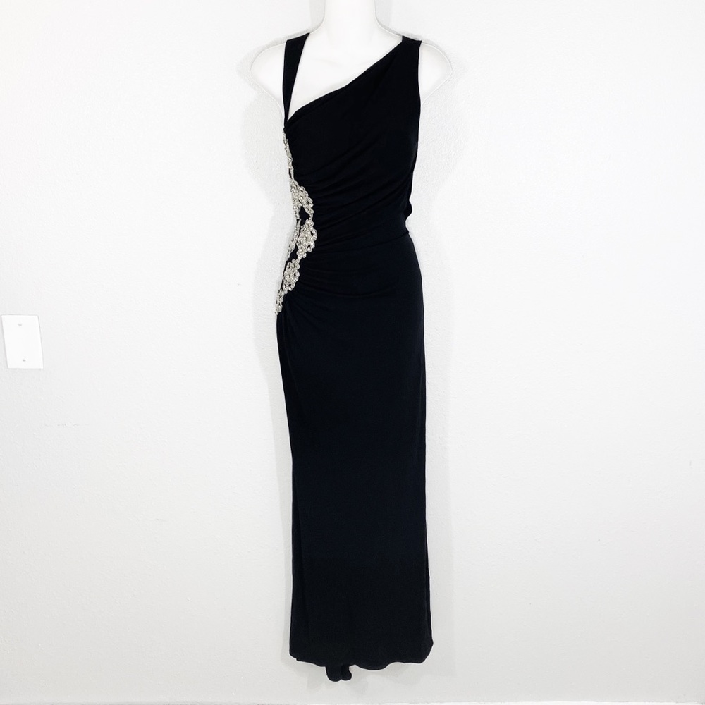 Cache Black One-Shoulder Evening Gown with Silver Embellishment